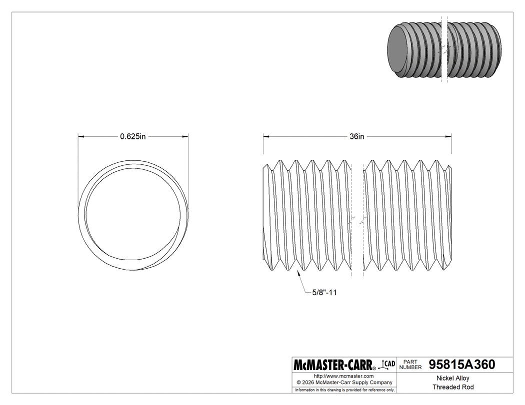 Technical Drawing of Nickel Alloy Threaded Rod, 5/8"-11 Thread Size, 3 Feet Long.